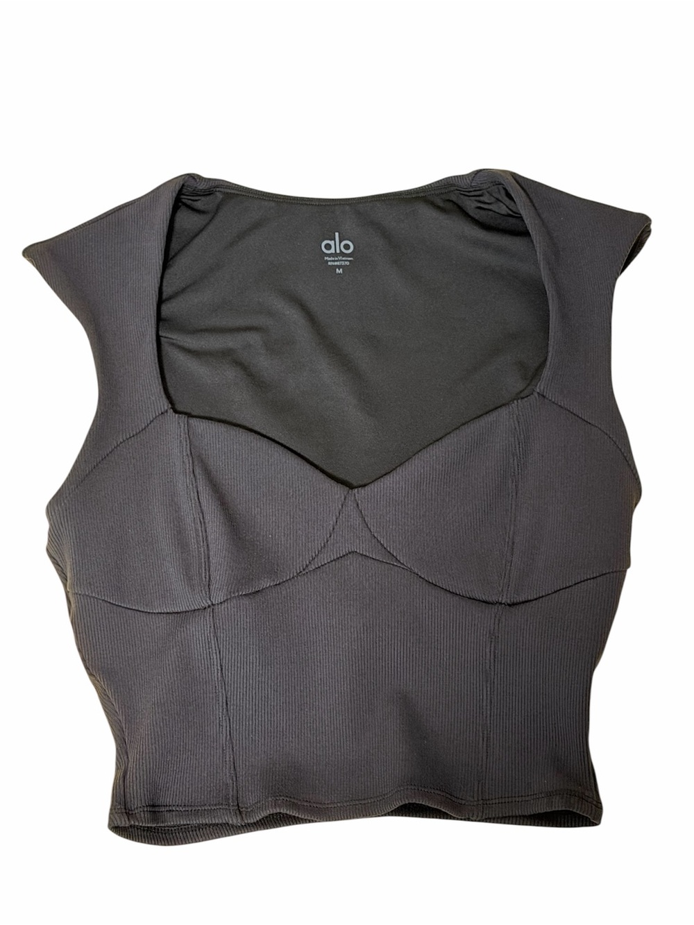 Alo Yoga Ribbed Sweetheart Short Sleeve Cropped Tank Top in Black Medium